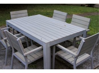 Modern Grey Aluminum And Wood Patio Table And 6 Chairs