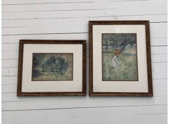 Pair Of Wood, Gold-framed Pastel Watercolors