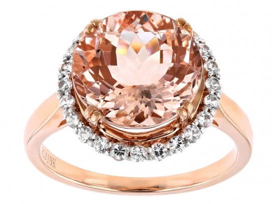 Cor-de-Rosa Morganite 4.50ct Round With .42ctw Round White Sapphire 10k Rose Gold Ring - Size 6