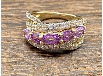 Oval Purple Sapphire With Round White Zircon 10K Yellow Gold Ring - Size 4