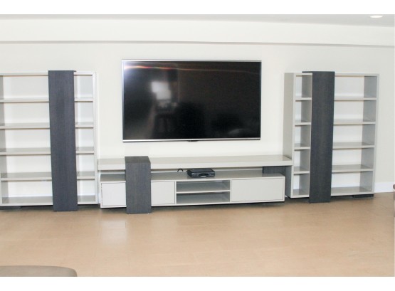 Pair Of Modern Bookcases And Matching Media Console - Light Grey And Ebony Wood