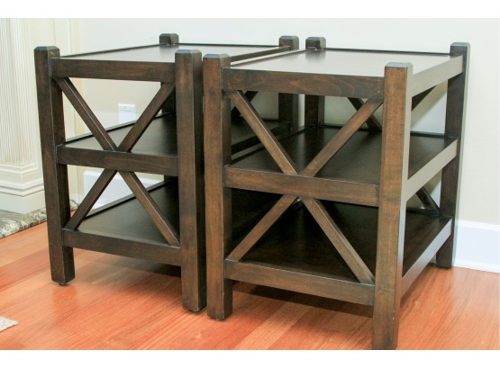 Pair Of Wood Side Tables - Dark Wood And Black Wood With X Sides