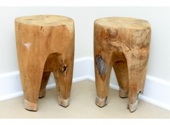 Pair Of Tripod Carved Tree Trunk Small Side Tables