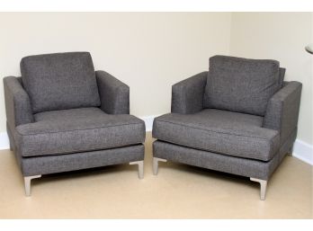 Pair Modern Armchairs In Grey Sharkskin Fabric With Chrome Legs