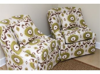 Pair Of Ikat Chairs On Swivels - Lime, Brown, Cream And Tan