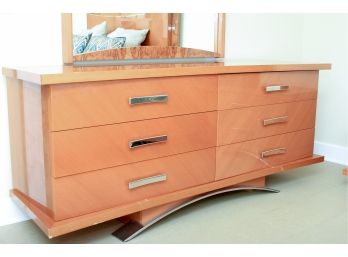 Modern Burled Wood Lacquer Bedroom Set With Chrome Detail - Queen Bed, Dresser, Mirror, 2 Bedside Tables