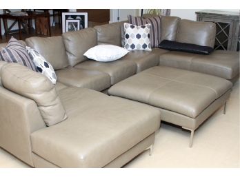 Modern Taupe Leather Sectional With Chrome Legs With Ottoman