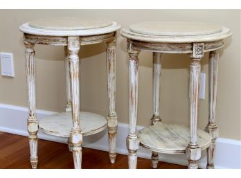 Pair Of Wood & Marble Round Side Tables