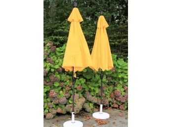 Pair Of 8 Foot Yellow Patio Umbrellas In White Bases