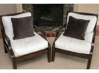 Pair Of Kreiss Soho Lounge Chairs In Dark Wood With Cream Novasuede Basketweave Fabric