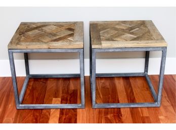 Pair Of Restoration Hardware Style Rustic Wood Side Tables With Lattice Tops And Metal Bases
