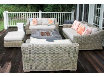 Outdoor Wicker Set In Sand Colored Fabric - Couch, Loveseat And Chair And Ottoman