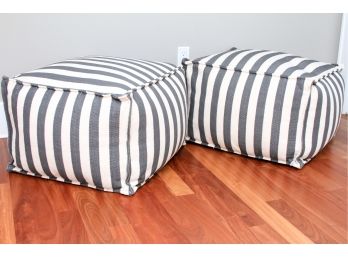 Pair Of Cream And Grey Striped Poufs