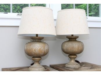 Pair Of Restoration Hardware Style Round Wood Lamps -  *Shades Need Replacing*