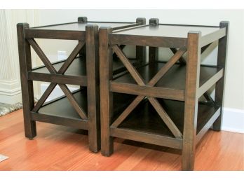 Pair Of Wood Side Tables - Dark Wood And Black Wood With X Sides