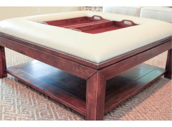 Large Wood And Sand Colored Leather Coffee Table With Two Trays