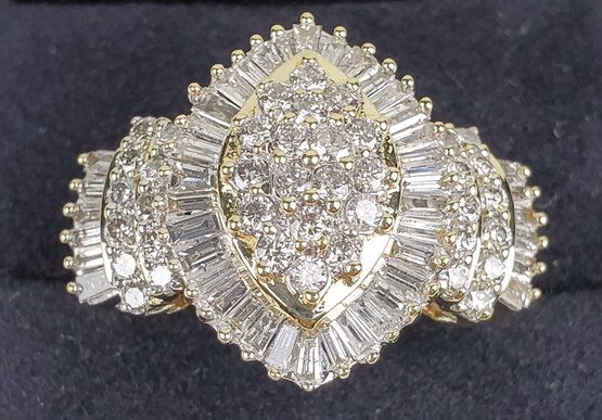 2 Ctw Diamond & 10 Karat Gold Cocktial Ring, Marquis Shape With Brilliant Cut And Baguette Diamonds- 2 Cts.