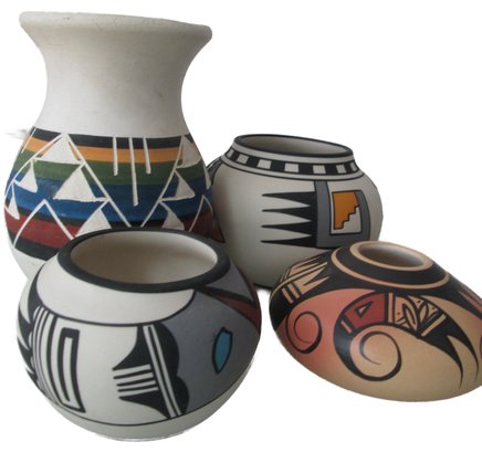4 Pcs Vintage Native American Decorated Pots, Each Signed, Largest 5.5'H