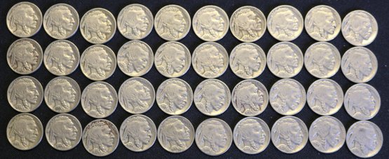 Roll Of 40 Buffalo Nickels - Mixed Dates 1920's & 1930's - All P Mint - All Full Date - All Circulated
