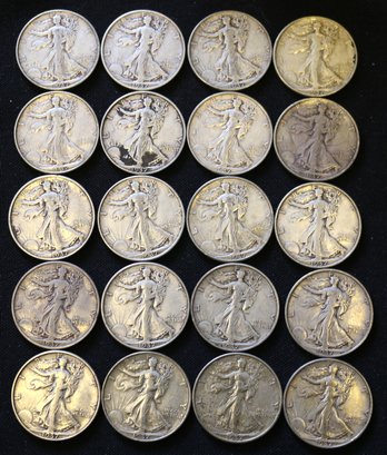 Roll Of 20 Silver 1937-P Walking Liberty Half Dollars - Better Than Average Circulated