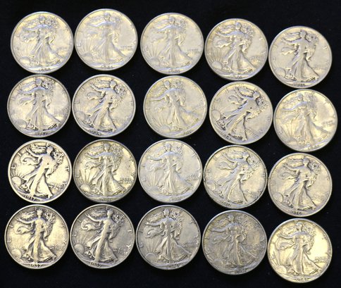 Roll Of 20 Mixed Date Silver Walking Liberty Half Dollars - Circulated - Some Are Mintmarked