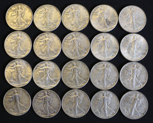 Roll Of 20 Silver 1944-P Walking Liberty Half Dollars - Better Than Average Circulated