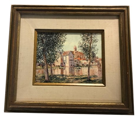 Classic 20thC Gilt Matted & Framed Oil On Canvas Landscape With Cathedral On River
