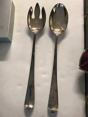 2 Silver Plated Georgian Serving Salad Spoons In Original Box With Tanish-Prof Sleeves