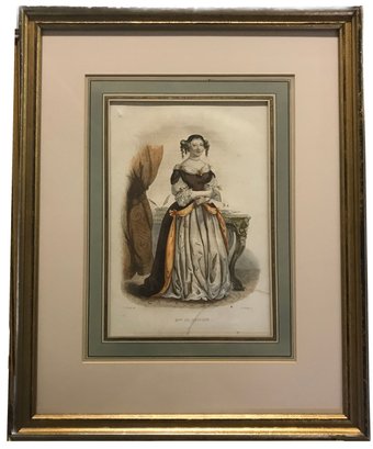 Antique 19thC  Hand-Colored Double Matt Framed Hand-Colored Etching Fashion Print