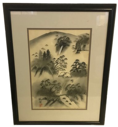 Antique Framed & Matted  Hand-Painted Oriental Artwork With Artist's Stamp (On Silk)