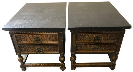 Vintage Matched Pair MCM Carved Wood, 2-Drawer End Tables With Heavy Poured Stone Tops