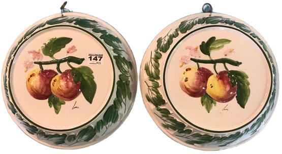 Matched Pair Ceramic Wall Hanging Molds Of Apples And Blossoms, 10.75' Diam. X 2.75'H