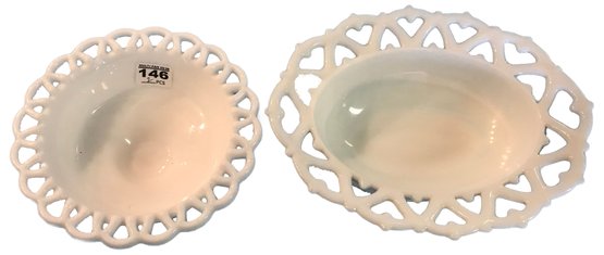 Similar Pair Footed Milk Glass Pierced Rimmed Bowls, 1-RD 7.5' Diam X 2.25'H, Oval 10.25' X 8.25' X 3.5'H