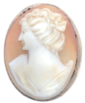 Antique Left Facing Shell Cameo Pin Brooch In Silver Plated Bezel, 1.25' X 1.75'