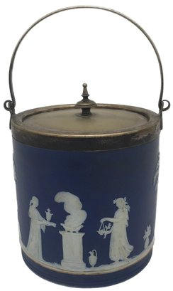 Vintage Blue Wedgwood Ice Bucket With SIlver Plated Lid And Trim, 5.25' Diam. X 6.75'H (Bail Down)