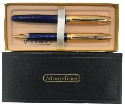 Montefiore 2 Pen Boxed Set, Fine Point And Medium Point, Cobalt Blue & Gold, USED