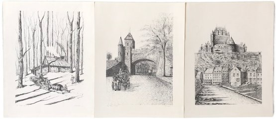 3 Unframed Pen & Ink Drawings By Rousseau, Each 14' X 18'