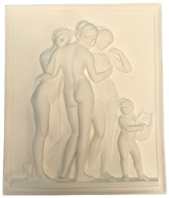 Parian Bisque 2-D Plaque Of  The Three Graces With Putti Playing Harp, 6.25'W X 1'D X 7.75'H