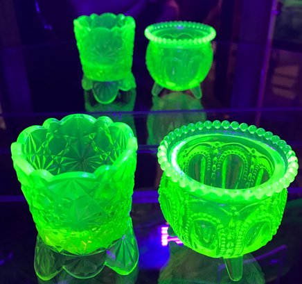 Two Different Vintage Tri-Footed Depression Yellow Uranium Glass Toothpick Holders