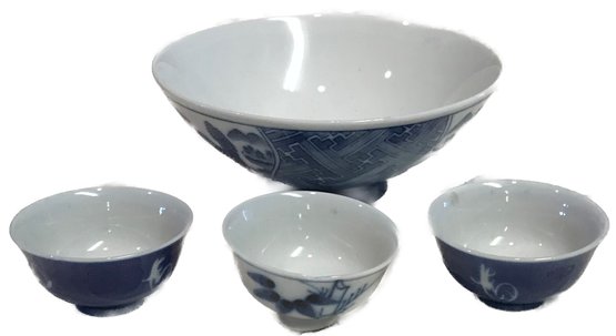 Four (4) Pcs, Blue & White, Footed Japanese  Bowl (4-1/2' Diam. X 2'H) And 3 Footed Sake Cups