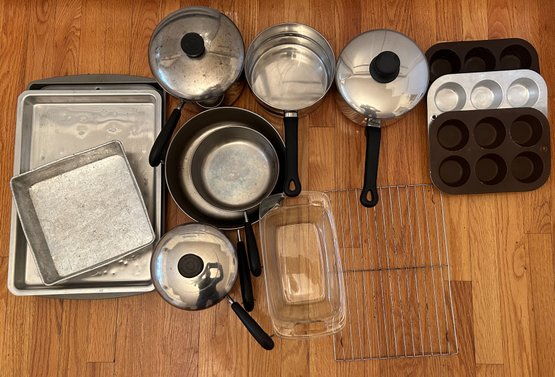 Various Cooking Pot & Pans, Baking Dish, Revere Ware Pots, Brookstone  Electronic Meat Fork And Others #6818