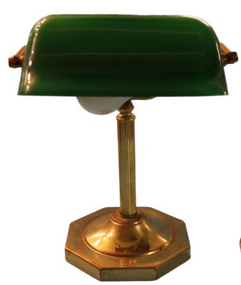Brass Student Or Banker's Desk Lamp With Green Case Glass Shade