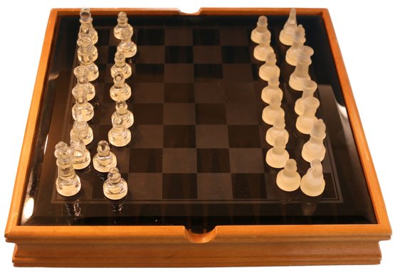 Chess Set - Acrylic Chessmen On Glass Board Includes Backgammon Board, Dice  - Wood Base