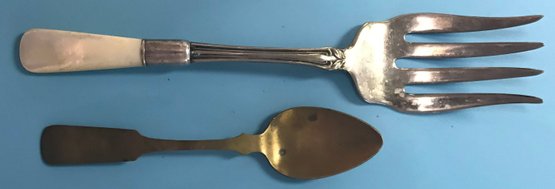 Vintage Cold Meat Serving Fork Marked Sterling And Antique Brass Spoon With Hallmark