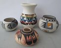 4 Pcs Vintage Native American Decorated Pots, Each Signed, Largest 5.5'H