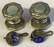 Antique Edwardian Enameled Sleeve Buttons & Vintage Mother Of Pearl & Silver Cufflinks