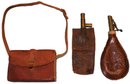 Lot Of Three (3) Early Firearms Related Items:  2-Shot Flasks & 1-Leather Cartridge Box