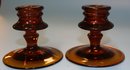 Pair Of Amber Glass Candlesticks - 3 1/2 Inches High