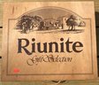 Vintage RIUNITE Gift Selection Imprinted Wooden 4-Bottle Gift Box With Rope Handle