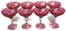 Vintage  Eight (8) Pcs Set Cranberry Etched To Clear Champagne Glasses, 3-7/8 Diameter 5-1/8'H